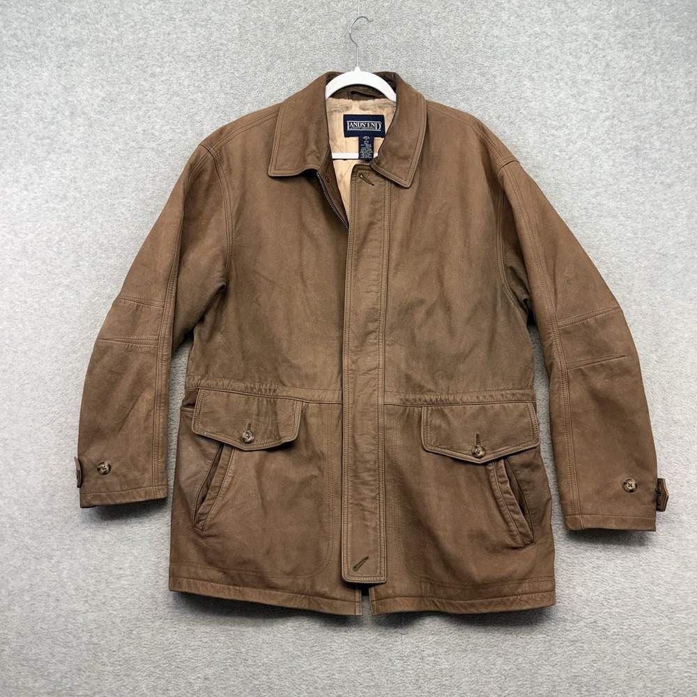 Vintage Lands' End Genuine Leather Chore Bomber  Zip‎ Heavy Jacket Size M 90s